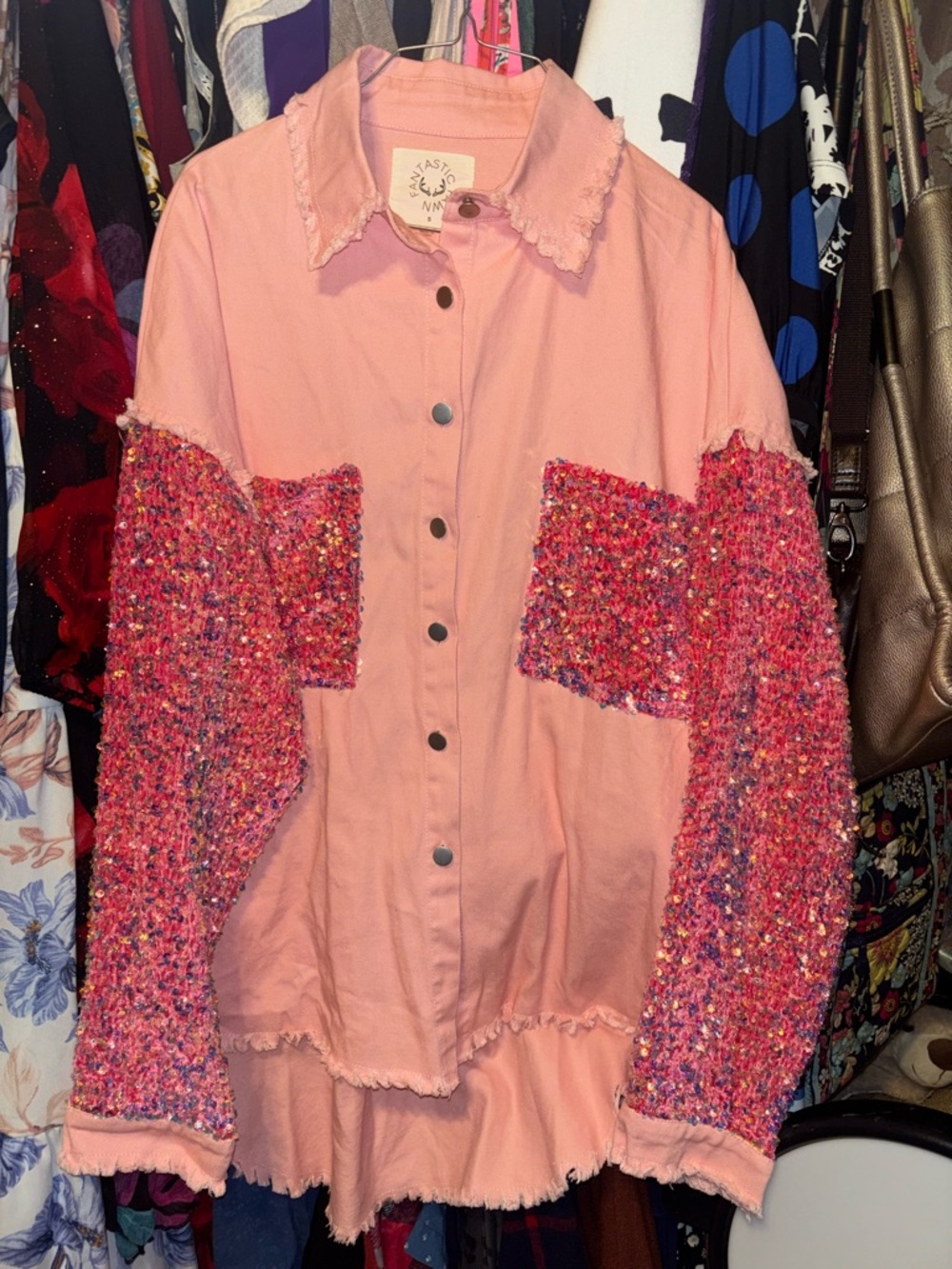 Fantastic Fawn Pink Mixed-Media Light pink Jean like jacket with sparkles